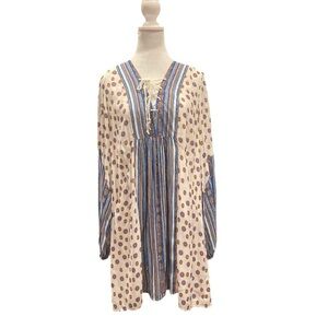 Free People Boho Tunic Dress M Cream Lace Inset Multicolor Print Long Sleeve